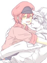  1boy :d ae-3803 arms_around_back arms_around_waist badge baseball_cap black_eyes black_shirt blush button_badge cabbie_hat closed_eyes couple cropped_jacket denim denim_shorts face-to-face female hair_between_eyes hairband hat hataraku_saibou heads_together hug kimidori_(rcyu2375) looking_at_another open_mouth pale_skin parted_lips red_blood_cell_(hataraku_saibou) red_hairband red_headwear shaded_face shirt short_hair shorts simple_background smile straight u-1146 upper_body white_background white_blood_cell_(hataraku_saibou) white_hair white_headwear 