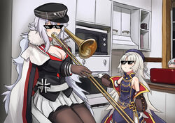  2girls absurdres admiral_graf_spee_(azur_lane) armpits azur_lane black_gloves black_pantyhose blunt_bangs breasts cape character_doll cleavage commentary cross deal_with_it_(meme) detached_sleeves duplicate fur_collar fur_trim gloves graf_zeppelin_(azur_lane) graphite_(medium) hair_between_eyes hair_ornament hat height_difference highres holding holding_instrument instrument iron_cross kitchen long_hair looking_at_another matsunaga_maguro meme microwave military military_hat military_uniform mole mole_under_eye multiple_girls music oven pantyhose peaked_cap pencil pixel-perfect_duplicate playing_instrument pleated_skirt sitting size_difference skirt sunglasses toaster traditional_media trombone uniform when_mama_isn&#039;t_home_(meme) white_gloves white_hair z46_(azur_lane) 