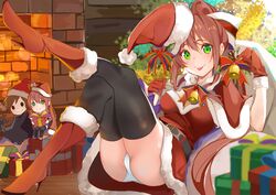  :p absurdres ass bell black_thighhighs boots box breasts brown_hair chibi christmas christmas_tree doki_doki_literature_club dress female fireplace gift gift_box gloves green_eyes hat high_heel_boots high_heels highres looking_at_viewer monika_(doki_doki_literature_club) panties pantyshot ponytail red_footwear red_gloves red_ribbon ribbon santa_boots santa_costume santa_dress santa_gloves santa_hat second-party_source short_dress thighhighs thighs tongue tongue_out underwear white_panties white_ribbon xhunzei 