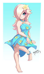  absurdres barefoot blonde_hair blue_eyes breasts dress earrings female flower hair_flower hair_ornament hair_over_one_eye highres jewelry legs long_hair looking_at_viewer mario_(series) mario_kart mario_kart_tour medium_breasts nail_polish nin10ja official_alternate_costume one_eye_covered open_mouth rosalina rosalina_(swimwear) solo spread_toes toenail_polish toenails toes 