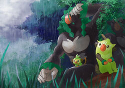  absurdres closed_mouth commentary_request evolutionary_line fog from_below furry grass grookey hand_up highres looking_up orange_eyes outdoors plant pokemon pokemon_(creature) rain rikuya_(0325shs) rillaboom sitting stick thwackey tree vines 