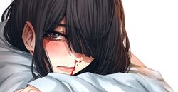  black_hair blood blush female grey_eyes hair_over_one_eye highres hoshi_san_3 long_hair long_sleeves looking_at_viewer mole mole_on_ear nosebleed one_eye_covered original shirt simple_background solo upper_body white_background white_shirt 