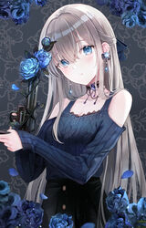  bare_shoulders black_skirt blue_bow blue_eyes blue_flower blue_rose blue_shirt blue_sweater blush bow brown_hair closed_mouth collarbone colt_python commentary earrings english_commentary expressionless female finger_on_trigger flower flower_in_gun grey_background gun hair_between_eyes hair_over_one_eye hairbow handgun head_tilt highres holding holding_gun holding_weapon iren_lovel jewelry long_hair long_sleeves looking_at_viewer off-shoulder_sweater off_shoulder original petals revolver rose shirt skirt sleeves_past_wrists solo sweater very_long_hair weapon 