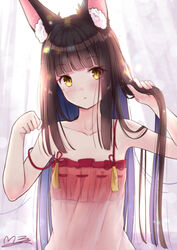  animal_ear_fluff animal_ears azur_lane backlighting bare_arms bare_shoulders black_hair blunt_bangs collarbone expressionless female flat_chest fox_ears head_tilt indoors lingerie long_hair looking_at_viewer m_ko_(maxft2) nagato_(azur_lane) nagato_(great_fox&#039;s_respite)_(azur_lane) negligee official_alternate_costume paw_pose see-through signature solo spaghetti_strap strap_slip underwear upper_body yellow_eyes 