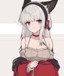  animal_ears arknights bare_shoulders black_choker breasts brown_shirt choker detached_sleeves diamond-shaped_pupils diamond_(shape) female fox_ears fox_girl frostleaf_(arknights) grey_hair headphones highres implied_extra_ears jacket long_hair long_sleeves looking_at_viewer off-shoulder_shirt off_shoulder red_eyes red_jacket ribbed_shirt shirt sidelocks small_breasts solo spaghetti_strap symbol-shaped_pupils upper_body yki 