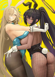  2girls animal_ears arm_tattoo ass ass_grab asuna_(blue_archive) asuna_(bunny)_(blue_archive) asymmetrical_docking bare_shoulders black_hair black_leotard blonde_hair blue_archive blue_leotard breast_on_breast breast_press breast_rest breasts brown_pantyhose chela77 closed_eyes commentary dark-skinned_female dark_skin detached_collar fake_animal_ears fake_tail fishnet_pantyhose fishnets from_side gloves grin hair_over_one_eye hair_ribbon hairband halo hand_on_another&#039;s_ass hand_on_another&#039;s_hip hand_on_another&#039;s_shoulder highres hug karin_(blue_archive) karin_(bunny)_(blue_archive) large_breasts leotard long_hair looking_at_viewer looking_to_the_side multiple_girls number_tattoo official_alternate_costume outstretched_arm pantyhose playboy_bunny ponytail rabbit_ears rabbit_tail ribbon shiny_pantyhose sideboob simple_background smile strapless strapless_leotard symbol-only_commentary tail tattoo thighband_pantyhose very_long_hair white_gloves wrist_cuffs yellow_background yellow_eyes yuri 