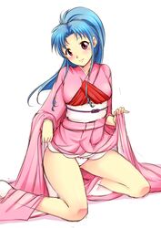  blue_hair blush botan_(yu_yu_hakusho) breasts closed_mouth female highres japanese_clothes katori_(mocchidou) kimono long_hair looking_at_viewer panties ponytail purple_eyes simple_background smile solo underwear white_background yu_yu_hakusho 