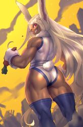  1girls ass bunny_ears bunny_girl bunny_tail carrot dark-skinned_female dark_skin female female_only kisuu long_hair looking_back miruko muscular muscular_female my_hero_academia red_eyes rumi_usagiyama solo thick_thighs thighhighs toned very_long_hair 