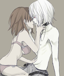  1boy accelerator_(toaru_majutsu_no_index) albino ass bare_arms bare_shoulders belt black_belt black_choker bow bow_bra bow_panties bra breasts brown_hair choker commentary_request couple electrodes feet_out_of_frame female finger_to_another&#039;s_mouth from_side grey_background grey_pants hair_over_one_eye hand_on_another&#039;s_stomach hand_out_of_frame imminent_kiss long_bangs looking_at_another medium_breasts medium_hair messy_hair misaka_worst navel negiko123123 one_eye_covered open_belt pale_skin panties pants parted_lips pink_bra pink_panties red_eyes short_hair sidelocks simple_background sitting sitting_on_lap sitting_on_person skinny straight toaru_majutsu_no_index toaru_majutsu_no_index:_new_testament topless_male underwear underwear_only white_hair 