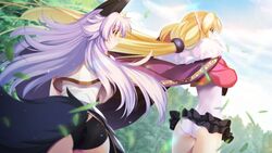  2girls animal_ears arm_hug ass atelier-moo blonde_hair cloak cowboy_shot elf from_side green_eyes grey_eyes hair_between_eyes highres long_hair long_pointy_ears mana_(our_battle_has_just_begun!) miniskirt multiple_girls narrow_waist nature our_battle_has_just_begun! pointy_ears purple_hair skinny skirt standing synsya tail thighs twintails very_long_hair wind wind_lift wolf_ears wolf_tail 