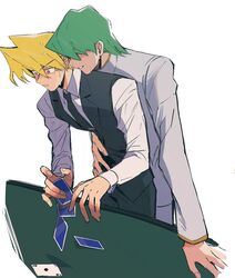  2boys alternate_costume black_necktie black_pants black_vest blonde_hair brown_eyes card collared_shirt covered_eyes dress_shirt formal green_hair grin hair_over_eyes hand_on_another&#039;s_stomach hand_on_table holding holding_card jacket jonouchi_katsuya kaiba_seto leaning_forward long_sleeves male_focus multiple_boys necktie official_alternate_hair_color pants playing_card shirt short_hair smile surprised sweatdrop table upper_body vest white_background white_jacket white_shirt yaoi yitiaodahe71 yu-gi-oh! yu-gi-oh!_(toei) 