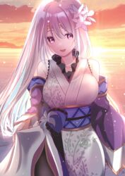  absurdres alternate_costume azusa_(azchemist63) bare_shoulders breasts circlet dress female fire_emblem fire_emblem:_genealogy_of_the_holy_war highres julia_(fire_emblem) large_breasts long_hair ocean pantyhose purple_eyes purple_hair sash solo sunset very_long_hair wide_sleeves 