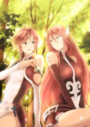  2girls arched_back arm_warmers armband arms_between_legs armwear athletic_female bandage bandaid bandaid_on_face bare_shoulders belt breasts choker cordelia_(fire_emblem) cowlick crossed_legs dress elbow_gloves fire_emblem fire_emblem_awakening fire_emblem_fates forest forest_background friends friendship gloves hair_between_eyes hair_ornament high_collar hinoka_(fire_emblem) hurt injured injury long_gloves long_hair looking_at_another medicine medium_breasts mouth_open multiple_girls nature nintendo offering_gift oka_(umanihiki) open_mouth red_dress red_eyes red_hair sad scar short_dress short_hair sitting sleeveless_dress small_breasts small_waist smooth_skin tall_female thick_thighs thighs very_long_hair white_dress 