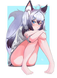  ahoge animal_ear_fluff animal_ears aqua_background arms_on_knees bare_legs barefoot black_hair blue_eyes blush border commentary convenient_leg crossed_arms dog_ears dog_girl dog_tail english_commentary feindall female frown fur_hair_tie gradient_hair grey_hair hair_between_eyes hair_ornament hair_tie hairclip highres indie_virtual_youtuber knees_together_feet_apart knees_up legs long_hair looking_at_viewer multicolored_hair outside_border scissors_hair_ornament shirt sidelocks signature sitting slit_pupils smiley_hair_ornament snowflake_hair_ornament solo tail thighs toes two_side_up virtual_youtuber white_border white_shirt yukine_olwin 