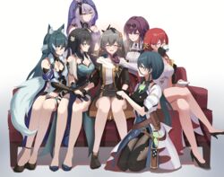  6+girls absurdres animal_ears black_swan_(honkai:_star_rail) breasts cleavage couch eyewear_on_head fox_ears fox_tail grey_hair harem headpat high_heels highres himeko_(honkai:_star_rail) holding_hands honkai:_star_rail honkai_(series) hotmilk_ina_mug kafka_(honkai:_star_rail) kneeling large_breasts medium_breasts multiple_girls natasha_(honkai:_star_rail) purple_hair red_hair ruan_mei_(honkai:_star_rail) scratching_chin sitting smile stelle_(honkai:_star_rail) tail trailblazer_(honkai:_star_rail) yukong_(honkai:_star_rail) yuri 