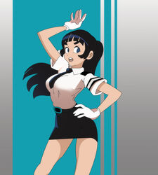  :o arm_up bad_id black_hair black_necktie black_skirt blue_background blue_eyes breasts choujun!_choujou_senpai commentary drawfag english_commentary female gloves gradient_background hand_on_own_hip highres ippongi_nao large_breasts long_hair necktie shirt short_sleeves skirt solo thick_eyebrows white_gloves white_shirt 