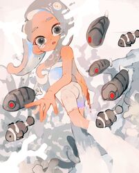  agent_8_(splatoon) ass bodysuit commentary coral cracked_skin female fish grey_eyes grey_hair highres jelleton li04r long_hair looking_at_viewer octoling octoling_girl octoling_player_character open_mouth red_eyes splatoon_(series) splatoon_3 splatoon_3:_side_order swarming_languendo tentacle_hair white_background white_bodysuit 