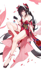  absurdres bare_legs bare_shoulders barefoot black_choker black_gloves black_hair breasts chest_tattoo choker cleavage commentary_request criss-cross_halter detached_sleeves dress facial_mark feet female freeeeeeeeeee gloves halterneck highres holding honkai:_star_rail honkai_(series) legs long_hair looking_at_viewer nail_polish o-ring okobo red_dress red_eyes red_nails sandals short_sleeves simple_background single_glove sitting small_breasts smile solo sparkle_(honkai:_star_rail) tattoo thighs toenail_polish toenails toes twintails very_long_hair white_background 