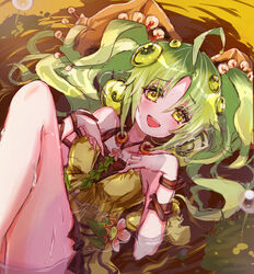  ahoge bare_shoulders blush breasts dress duel_monster female flower green_eyes green_hair hair_flower hair_ornament highres jewelry long_hair looking_at_viewer lying noppe on_back open_mouth partially_submerged smile solo traptrix_sera twintails yellow_dress yu-gi-oh! 