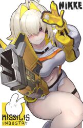  absurdres ahoge blonde_hair blush boomstick_(nikke) breasts collarbone copyright_name detached_sleeves dezi elegg_(nikke) exposed_pocket feet_out_of_frame female goddess_of_victory:_nikke gun hair_intakes hair_over_one_eye highres holding holding_gun holding_weapon knee_up long_sleeves looking_at_viewer micro_shorts midriff navel ok_sign parted_bangs purple_eyes short_hair shorts simple_background solo suspenders thigh_strap thighs two-tone_gloves weapon white_background 