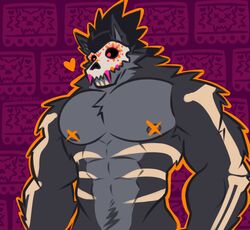  abs anthro areola artist_name biceps black_body black_fur black_hair bodypaint day_of_the_dead fur grey_areola grey_body grey_ears grey_fur grey_inner_ear hair heart_symbol hi_res holidays mako_(pumpking_wolf) male male_anthro mask mask_only multicolored_body multicolored_fur muscular muscular_anthro muscular_male nude nude_anthro nude_male orange_bodypaint orange_outline outline pattern_background pecs ponytail prick_ears pumpking_wolf purple_background red_eyes simple_background skeleton_bodypaint skull_mask solo two_tone_body two_tone_fur white_mask 