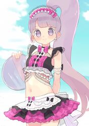  :3 blunt_bangs bow_skirt breasts closed_mouth clothing_request cloud cowboy_shot female high_ponytail highres holding holding_tray hyakumangoku_masurao kiratto_pri_chan light_smile long_hair looking_at_viewer manaka_non miniskirt navel outdoors pretty_series pripara purple_eyes purple_hair skirt small_breasts solo standing summer_maid_coord too_many_bows tray very_long_hair 