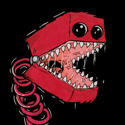  black_background bodily_fluids boxy_boo drooling fangs fur furred_monster glury_the_unown hi_res humanoid looking_at_viewer male mob_entertainment monster open_mouth poppy_playtime red_body red_fur saliva saliva_string simple_background solo spring teeth traditional_media_(artwork) vein 