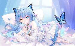  :o absurdres ameki_(virtuareal) bare_shoulders blue_background blue_butterfly blue_curtains blue_eyes blue_flower blue_hair bug butterfly butterfly_hair_ornament detached_collar detached_sleeves dress feet_out_of_frame female flower frilled_dress frilled_sleeves frills garter_straps gradient_hair hair_ornament heterochromia highres hugging_object long_hair looking_at_viewer lying mole mole_under_eye multicolored_hair nijisanji official_art on_bed on_side pillow pillow_hug purple_hair short_dress single_thighhigh solo sparkle thighhighs very_long_hair virtual_youtuber virtuareal white_dress white_thighhighs window yellow_eyes 