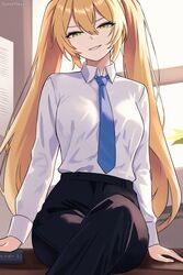  artist_name black_pants blonde_hair blue_necktie breasts collared_shirt desk dokibird_(vtuber) english_commentary female green_eyes highres indie_virtual_youtuber legs_folded long_hair long_sleeves looking_at_viewer medium_breasts necktie office on_desk pants plant shirt sitting smug solo sunset_skyline twintails very_long_hair virtual_youtuber white_shirt 