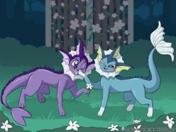  2024 blue_body blush duo eeveelution female feral flower forest fuf generation_1_pokemon gloves_(marking) hi_res male markings nintendo offering_flower one_eye_closed open_mouth outside plant pokemon pokemon_(species) purple_body tail tree vaporeon wink 