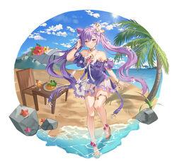  02bear20 absurdres bare_shoulders beach blush bracelet choker collarbone cone_hair_bun female floating_hair flower frilled_one-piece_swimsuit frills genshin_impact hair_between_eyes hair_bun hair_flower hair_ornament hand_in_own_hair hand_up highres jewelry keqing_(genshin_impact) off-shoulder_one-piece_swimsuit off_shoulder one-piece_swimsuit palm_tree purple_choker purple_eyes purple_hair purple_one-piece_swimsuit sandals sidelocks solo swimsuit thigh_strap tree twintails veela wading 