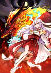  absurdres aqua_fire bare_shoulders blue_fire bow breasts detached_sleeves dragon duel_monster female fiery_horns fire flaming_horns hair_between_eyes hair_ornament highres horns japanese_clothes kimono kurikara_divincarnate long_hair long_sleeves mirror red_eyes sleeveless sleeveless_kimono small_breasts solo tora_(oyabaka_tora) white_hair wide_sleeves yu-gi-oh! 