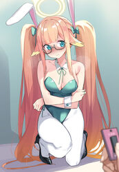  1other alternate_costume animal_ears bare_shoulders blue_archive blue_eyes blunt_bangs blush bow bowtie breasts crossed_arms ddolggol detached_collar female glasses gradient_hair green_leotard halo head_wings highres leotard long_hair looking_at_viewer medium_breasts multicolored_hair on_one_knee orange_hair pantyhose playboy_bunny rabbit_ears remote_control_vibrator sex_toy shimiko_(blue_archive) strapless strapless_leotard twintails very_long_hair vibrator wings wrist_cuffs 