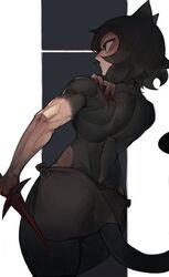  animal_ears back black_hair blood blood_on_hands cat_ears cat_girl cat_tail dungeon_meshi female holding holding_knife izutsumi jeehyung_seo knife looking_to_the_side muscular muscular_female reverse_grip short_hair solo tail veins veiny_arms 