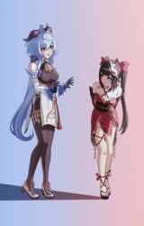  2girls :d ahoge aki_no_oden arms_behind_back bare_shoulders black_gloves black_hair black_sash blue_background blue_hair bodystocking breasts cleavage commentary criss-cross_halter detached_sleeves full_body ganyu_(genshin_impact) genshin_impact gloves gradient_background halterneck high-waist_skirt high_heels highres honkai:_star_rail honkai_(series) horns leaning_forward long_hair long_sleeves looking_at_another medium_breasts mihoyo multiple_girls nail_polish o-ring obi okobo open_mouth pantyhose pink_background sandals sash shoes skirt smile sparkle_(honkai:_star_rail) standing sweat toenail_polish toenails ueda_reina very_long_hair voice_actor_connection white_footwear white_skirt 