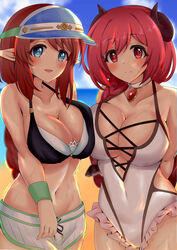  2girls absurdres beach bikini blue_eyes blue_sky breast_press breasts chakuro96 cleavage collarbone dolphin_shorts elf highres horns io_(princess_connect!) io_(summer)_(princess_connect!) large_breasts layered_bikini misato_(princess_connect!) misato_(summer)_(princess_connect!) multiple_girls navel one-piece_swimsuit outdoors pointy_ears princess_connect! red_eyes red_hair shorts sky striped_clothes striped_shorts swimsuit two-tone_bikini vertical-striped_clothes vertical-striped_shorts visor_cap 