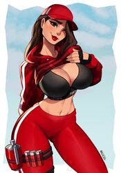  artist_name baseball_cap black_bra black_gloves bra breasts brown_eyes brown_hair camouflage camouflage_hoodie clothes_lift commentary copyright_name english_commentary female fingerless_gloves fortnite gloves hat highres hood hoodie hoodie_lift large_breasts long_hair looking_at_viewer magaska navel one_eye_closed pants red_hat red_hoodie red_lips red_pants ruby_(fortnite) solo thigh_strap underwear 