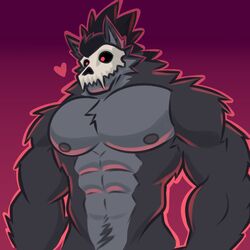  1:1 abs absurd_res anthro areola biceps black_body black_fur black_hair fur grey_areola grey_body grey_ears grey_fur grey_inner_ear hair heart_symbol hi_res mako_(pumpking_wolf) male male_anthro mask mask_only multicolored_body multicolored_fur muscular muscular_anthro muscular_male nude nude_anthro nude_male outline pecs pink_outline ponytail prick_ears pumpking_wolf purple_background red_eyes simple_background skull_mask solo two_tone_body two_tone_fur white_mask 