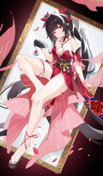  absurdres bare_legs bare_shoulders barefoot black_choker black_gloves black_hair breasts chest_tattoo choker cleavage commentary_request criss-cross_halter detached_sleeves dress facial_mark feet female freeeeeeeeeee gloves halterneck highres holding honkai:_star_rail honkai_(series) legs long_hair looking_at_viewer nail_polish o-ring okobo red_dress red_eyes red_nails sandals short_sleeves single_glove sitting small_breasts smile solo sparkle_(honkai:_star_rail) tattoo thighs toenail_polish toenails toes twintails very_long_hair 