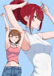  2girls arm_up armpits bare_arms bare_shoulders blue_background blue_pants blush breasts brown_eyes brown_hair camisole choker collarbone cowboy_shot hair_over_one_eye heart heart_choker highres hizikit holding_hair_tie holding_own_hair kirijou_mitsuru medium_breasts midriff midriff_peek multiple_girls official_alternate_costume one_eye_closed outstretched_arm pants parted_lips persona persona_3 persona_3_reload pink_camisole red_eyes red_hair ribbed_sweater short_hair sleeveless sleeveless_turtleneck spaghetti_strap stretching sweater swept_bangs turtleneck turtleneck_sweater upper_body white_choker white_sweater yukari_takeba 