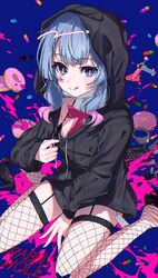  :q black_hoodie black_leotard blue_background blue_eyes blue_hair closed_mouth commentary dot_nose drawstring female fishnet_thighhighs fishnets full_body garter_straps hanozuku hatsune_miku hood hood_up hoodie hoodie_pull legs_apart leotard leotard_under_clothes long_hair looking_at_viewer mika_pikazo_(style) multicolored_hair no_pants paint_splatter pink_hair pink_pupils pulling_own_clothes rabbit_hole_(vocaloid) simple_background smile solo song_name symbol-only_commentary thighhighs tongue tongue_out two-tone_hair vocaloid 