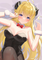  absurdres ahoge alternate_costume bare_shoulders black_leotard blonde_hair blush bow bowtie breasts cleavage commentary_request curled_horns detached_collar female fishnet_pantyhose fishnets fur_cuffs highres hololive horns large_breasts leotard long_hair looking_at_viewer lying on_back pantyhose pendora1022 purple_eyes red_bow red_bowtie sheep_girl sheep_horns solo strapless strapless_leotard tsunomaki_watame virtual_youtuber 