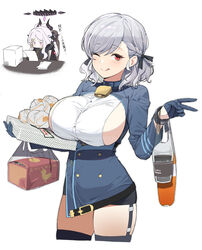  2girls :p ;p absurdres ako_(blue_archive) ako_(blue_archive)_(cosplay) blue_archive braid breasts cosplay food girls&#039;_frontline grey_hair halo highres hina_(blue_archive) holding holding_food hyury large_breasts multiple_girls one_eye_closed red_eyes side_braid sideboob skindentation solo_focus spas-12_(girls&#039;_frontline) thighhighs tongue tongue_out v 