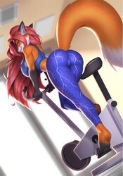  5:7 aeril_(helios) anthro bicycle big_breasts big_butt biker_clothes bubble_butt female fitness fox fox_ears fox_girl fox_tail leggings light_blue_panties light_blue_shirt long_hair long_hair_female long_red_hair pak009 red_hair safe sports_bra sports_uniform sportswear trainer vehicle 