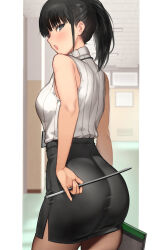  alternate_hairstyle amagami ass ayatsuji_tsukasa black_eyes black_hair black_skirt butt_crack cowboy_shot female frown highres looking_at_viewer pantyhose pencil_skirt pillarboxed ponytail serizawa_(serizawaroom) skirt sleeveless sleeveless_turtleneck solo sweater turtleneck turtleneck_sweater v-shaped_eyebrows variant_set 