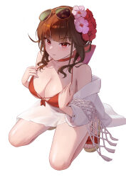  bikini bow breasts choker cleavage collarbone covered_navel criss-cross_strings eyewear_on_head female flower front-tie_bikini_top front-tie_top full_body goddess_of_victory:_nikke hair_flower hair_ornament hair_up highres kneeling large_breasts light_blush looking_at_viewer official_alternate_costume parted_lips pink_flower pulling_own_clothes red_bikini red_bow red_choker red_eyes red_flower sakura_(bloom_in_summer)_(nikke) sakura_(nikke) sandals sarong see-through_clothes see-through_shirt shirt shirt_partially_removed short_hair_with_long_locks signature simple_background solo strap_pull sunglasses swimsuit toenails white_background white_sarong white_shirt wujingwushi yellow-framed_eyewear 