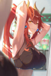  absurdres armpits arms_up black_collar black_tube_top bowsette bowsette_(cosplay) breasts cleavage collar cosplay dragon_girl dragon_horns female highres horns large_breasts looking_at_viewer mario_(series) new_super_mario_bros._u_deluxe oerba_yun_fang poporun red_hair smile solo spiked_collar spikes strapless tube_top virtual_youtuber vshojo yellow_eyes zentreya zentreya_(dragon) 