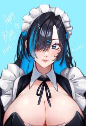  black_hair blue_background blue_eyes borrowed_character breasts cleavage cleavage_cutout clothing_cutout colored_inner_hair commentary_request english_commentary female hair_over_one_eye happy_birthday heart highres huge_breasts long_hair maid maid_headdress mole mole_under_eye multicolored_hair nichiroart original parted_lips signature solo streaked_hair two-tone_hair 