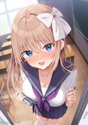  blonde_hair blue_eyes blue_sailor_collar blue_skirt blush book bow breasts cleavage desk female hairbow holding holding_book indoors large_breasts long_hair looking_at_viewer neckerchief nekokobushi open_mouth original purple_neckerchief sailor_collar school_desk school_uniform serafuku shirt skirt smile solo sweat thighhighs white_bow white_shirt white_thighhighs 