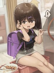  backpack bag black_hair black_shirt blurry blurry_background blush breasts female food grey_skirt hair_ornament highres holding looking_at_viewer medium_hair miniskirt original outdoors panties pantyshot print_shirt purple_bag randoseru sexually_suggestive shirt short_sleeves sitting skirt small_breasts solo susu_(ysy) tongue tongue_out underwear white_panties x_hair_ornament yakitori 